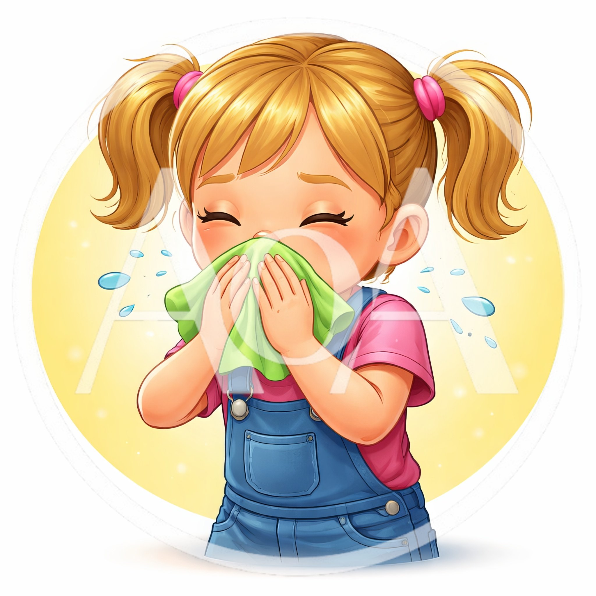 Cute Cartoon Girl Sneezing Into A Green Handkerchief