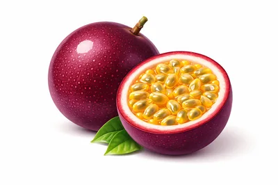 Whole and Halved Passion Fruit with Green Leaves