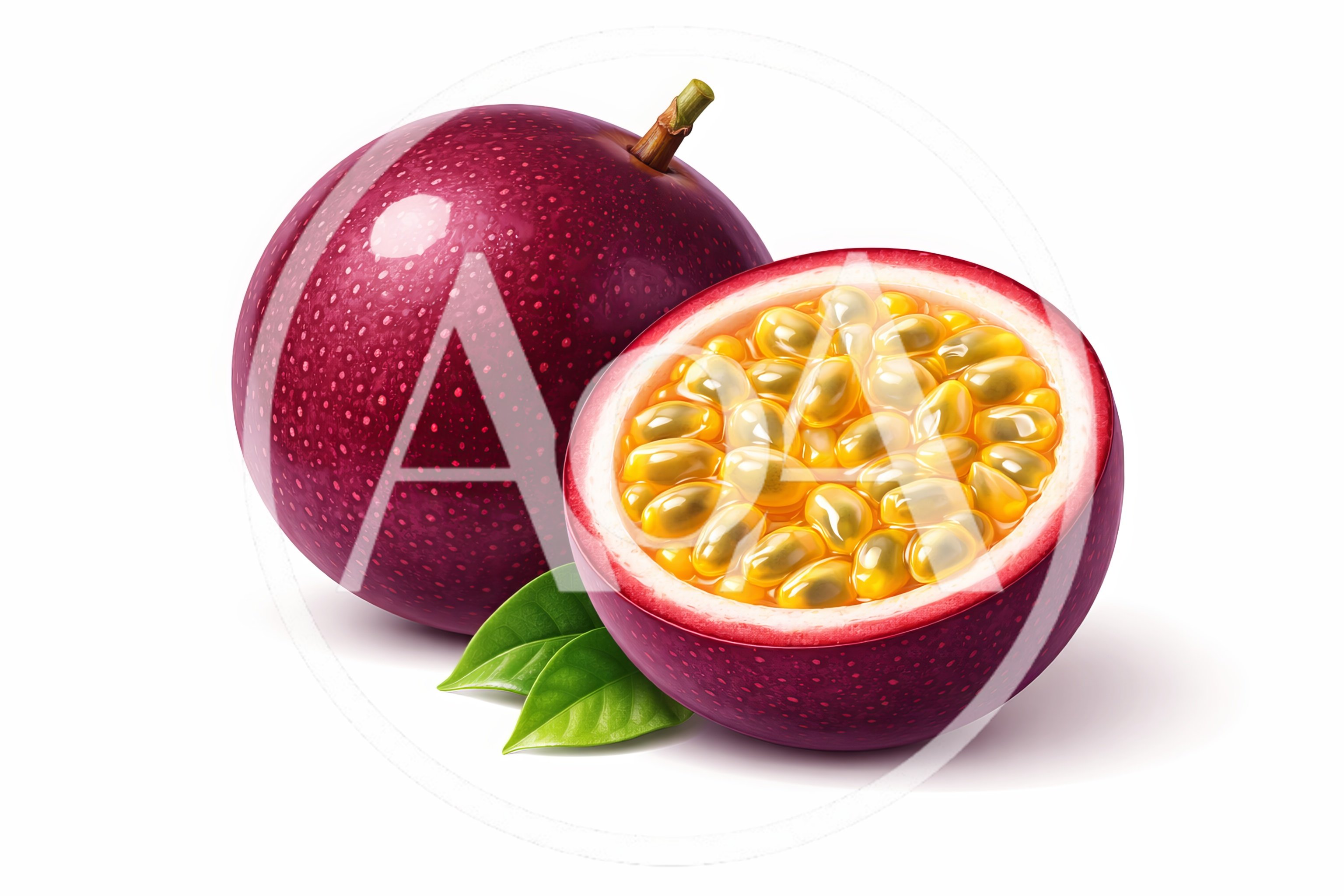 Whole and Halved Passion Fruit with Green Leaves