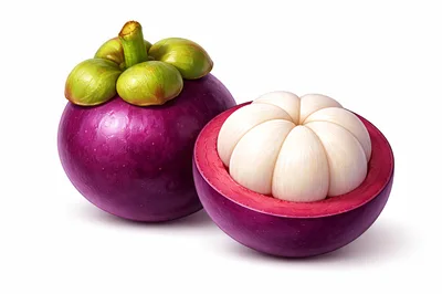 Whole And Halved Purple Mangosteen Fruit