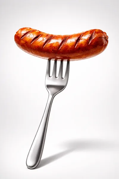Grilled Sausage Skewered On A Silver Fork