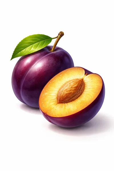 Whole And Halved Fresh Purple Plums With Leaf