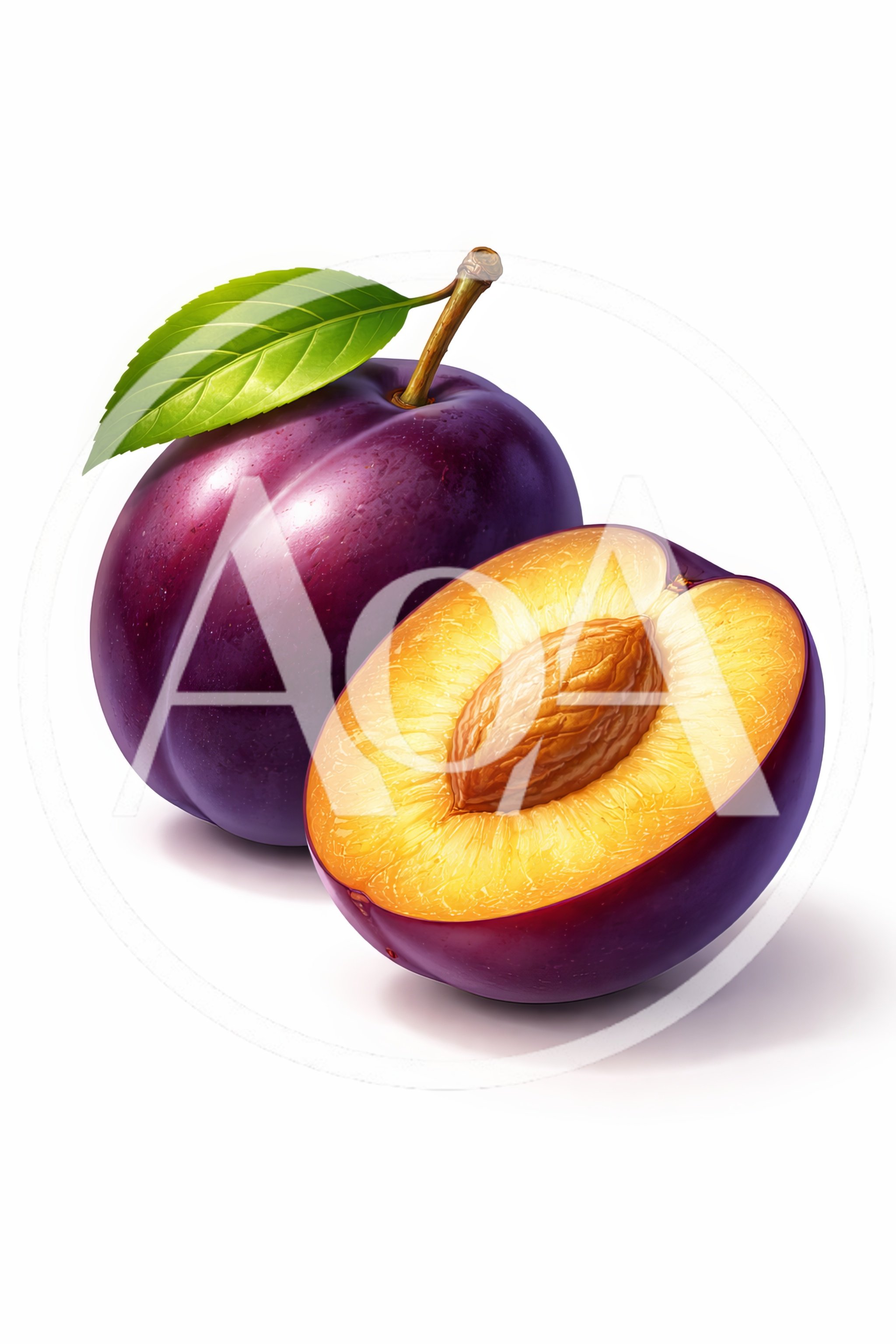 Whole And Halved Fresh Purple Plums With Leaf