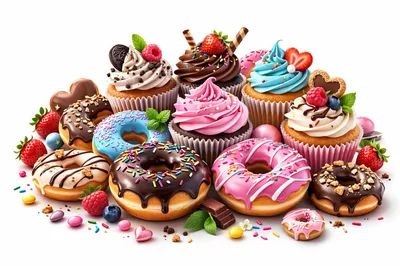 Assorted Gourmet Cupcakes and Donuts on White Background
