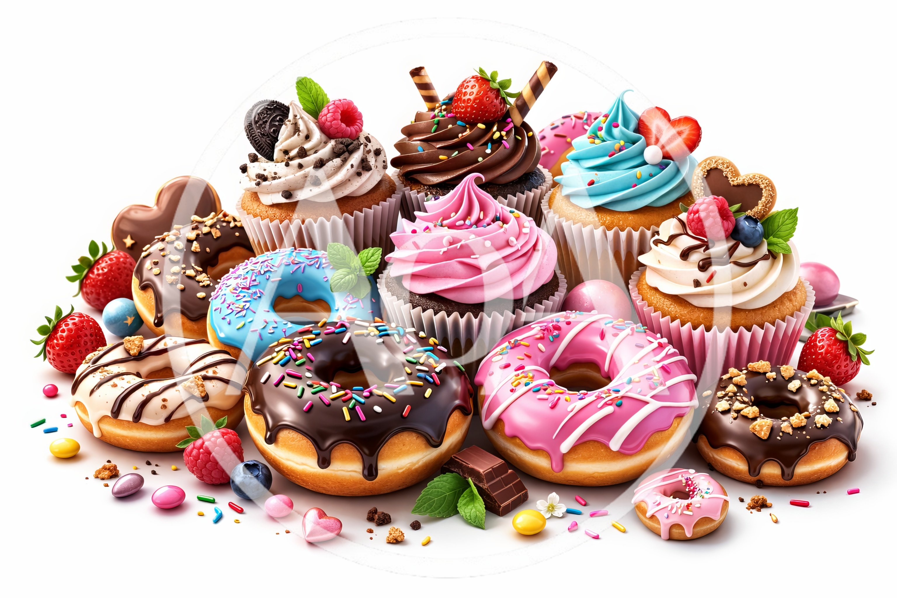 Assorted Gourmet Cupcakes and Donuts on White Background