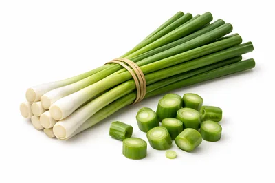 Fresh Green Scallions Tied With Bamboo Strips