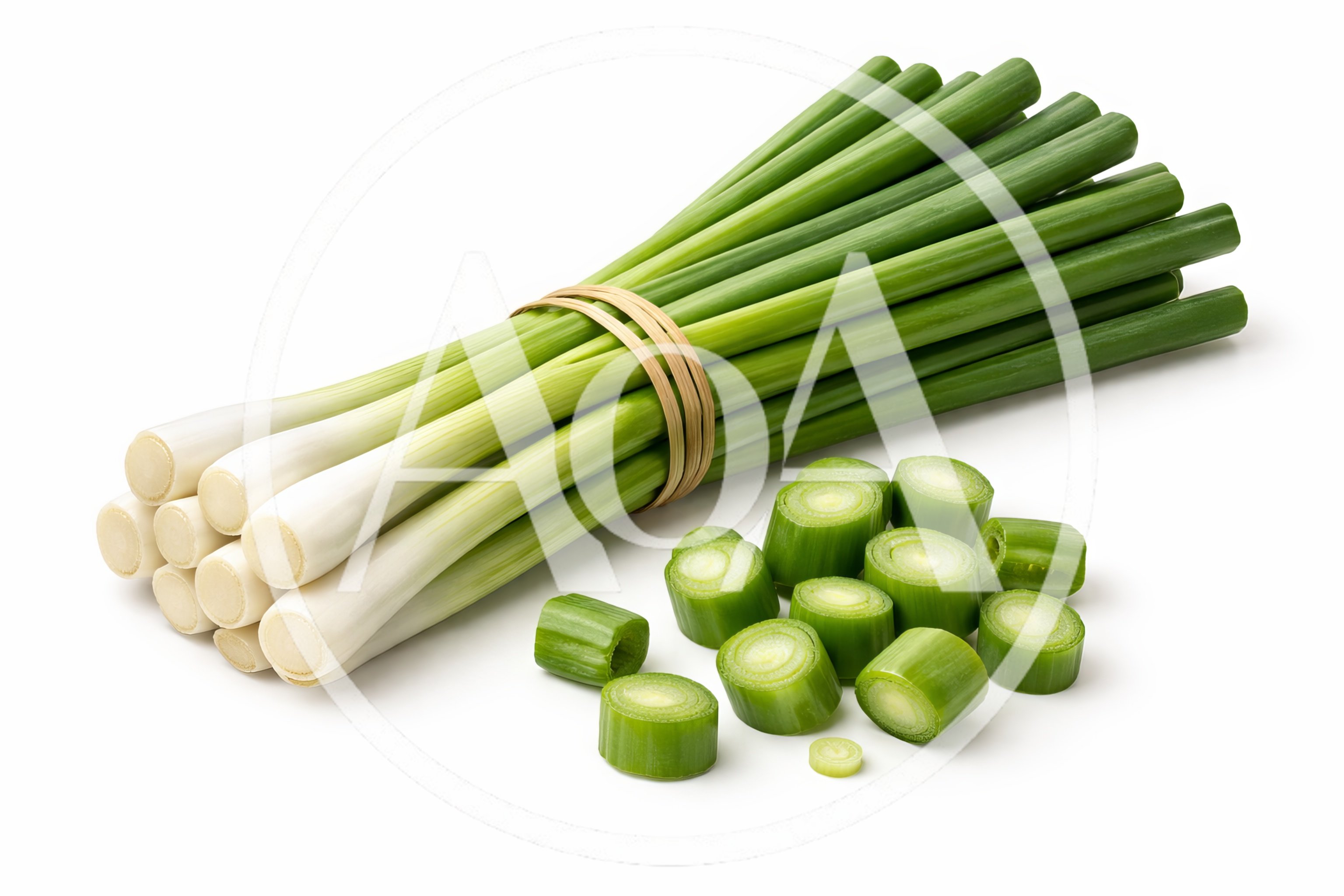 Fresh Green Scallions Tied With Bamboo Strips