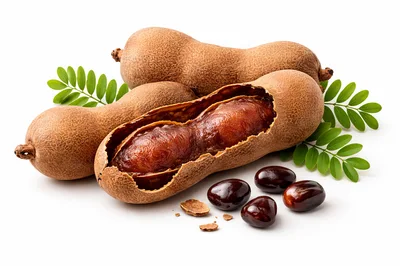 Fresh Tamarind Pods and Seeds on White Background