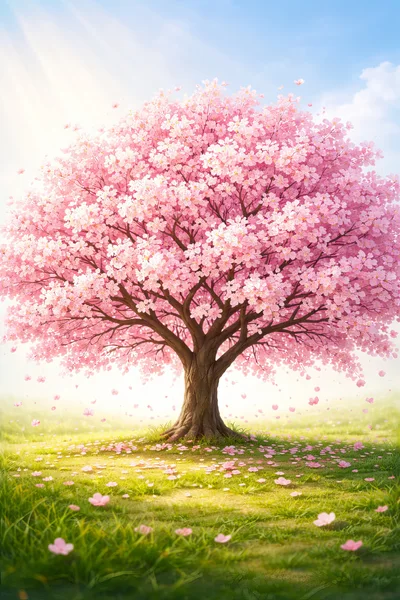 Blooming Cherry Blossom Tree In A Sunny Meadow