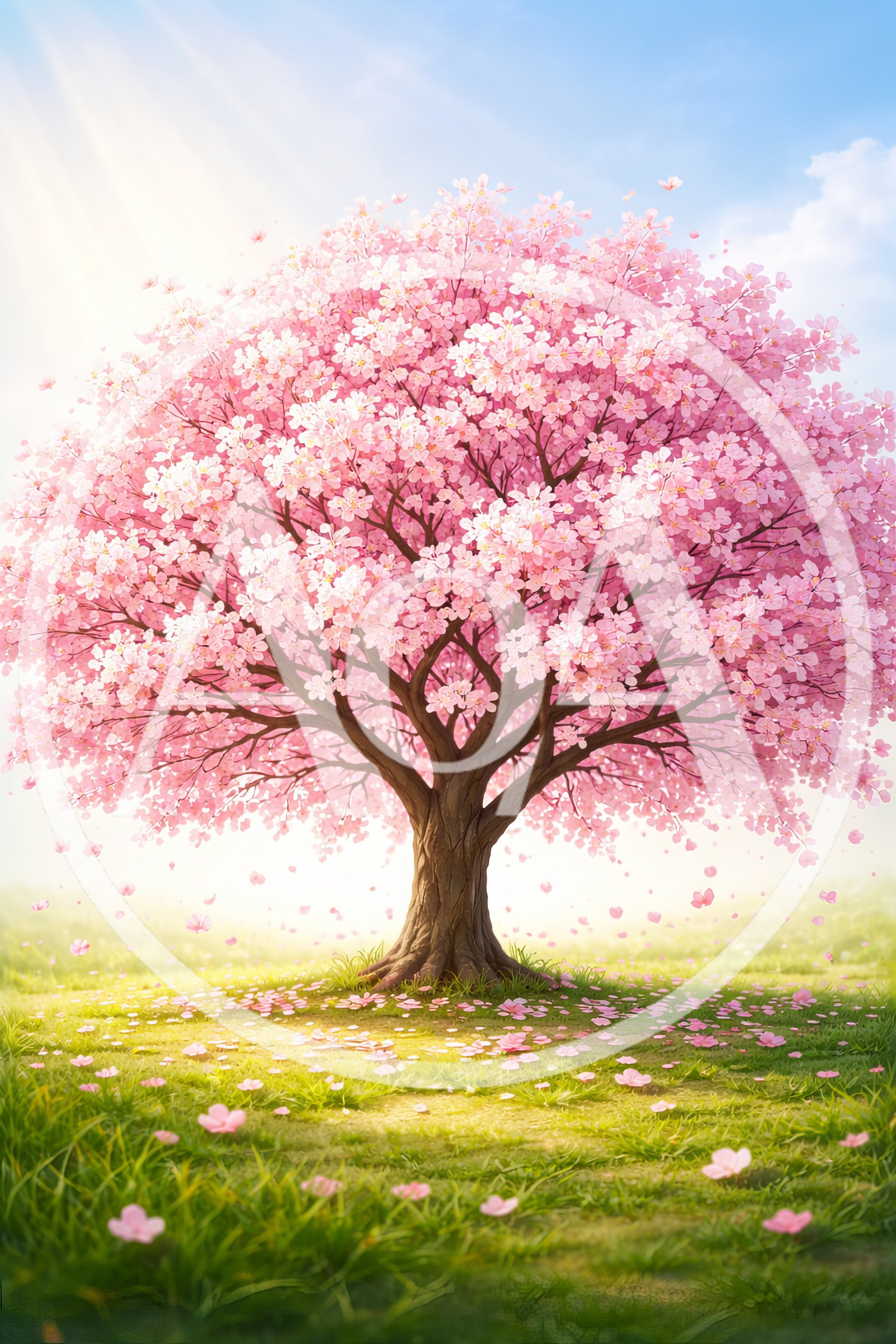 Blooming Cherry Blossom Tree In A Sunny Meadow