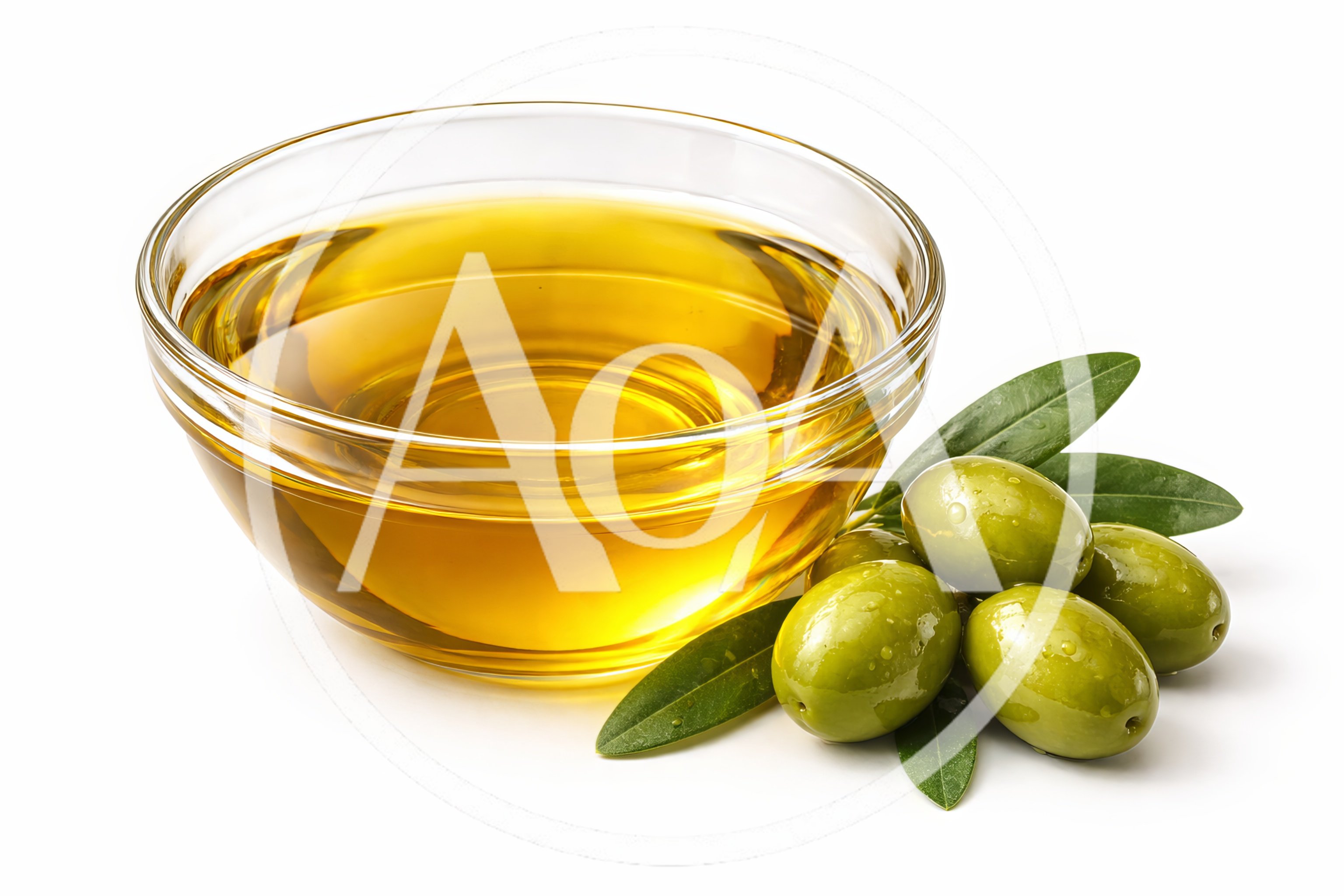 Glass Bowl Of Golden Olive Oil With Fresh Olives