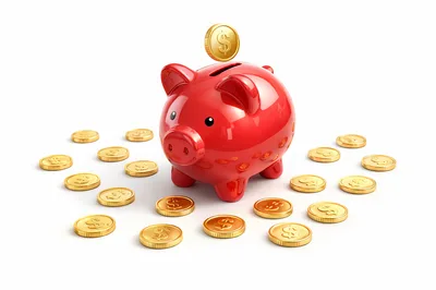 Red Piggy Bank With Gold Dollar Coins