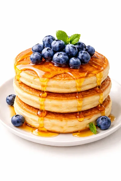 Stack of Fluffy Pancakes with Blueberries and Syrup