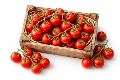 Fresh Red Cherry Tomatoes In A Wooden Crate