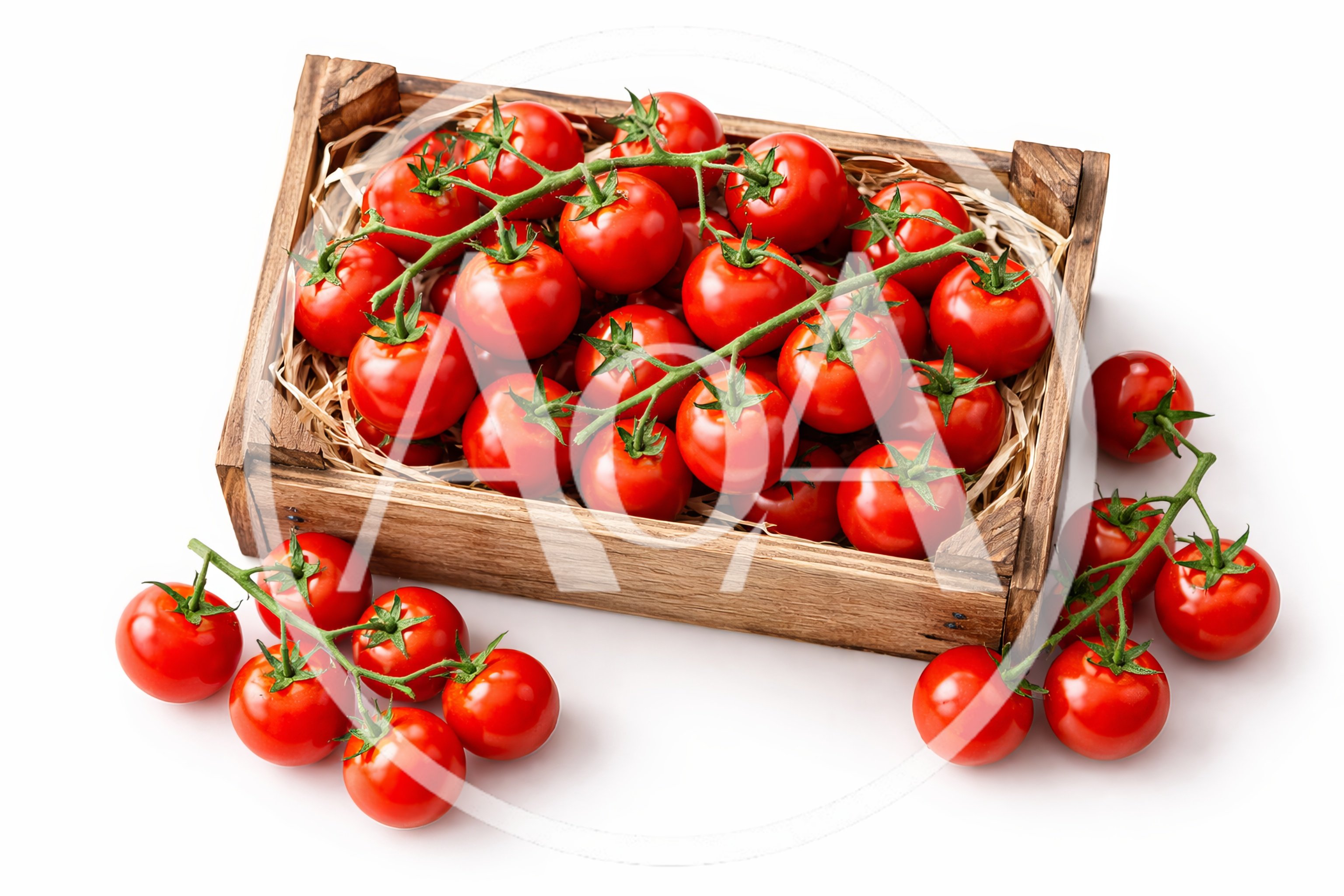 Fresh Red Cherry Tomatoes In A Wooden Crate