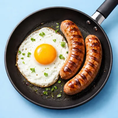 Fried Egg and Grilled Sausages in a Frying Pan