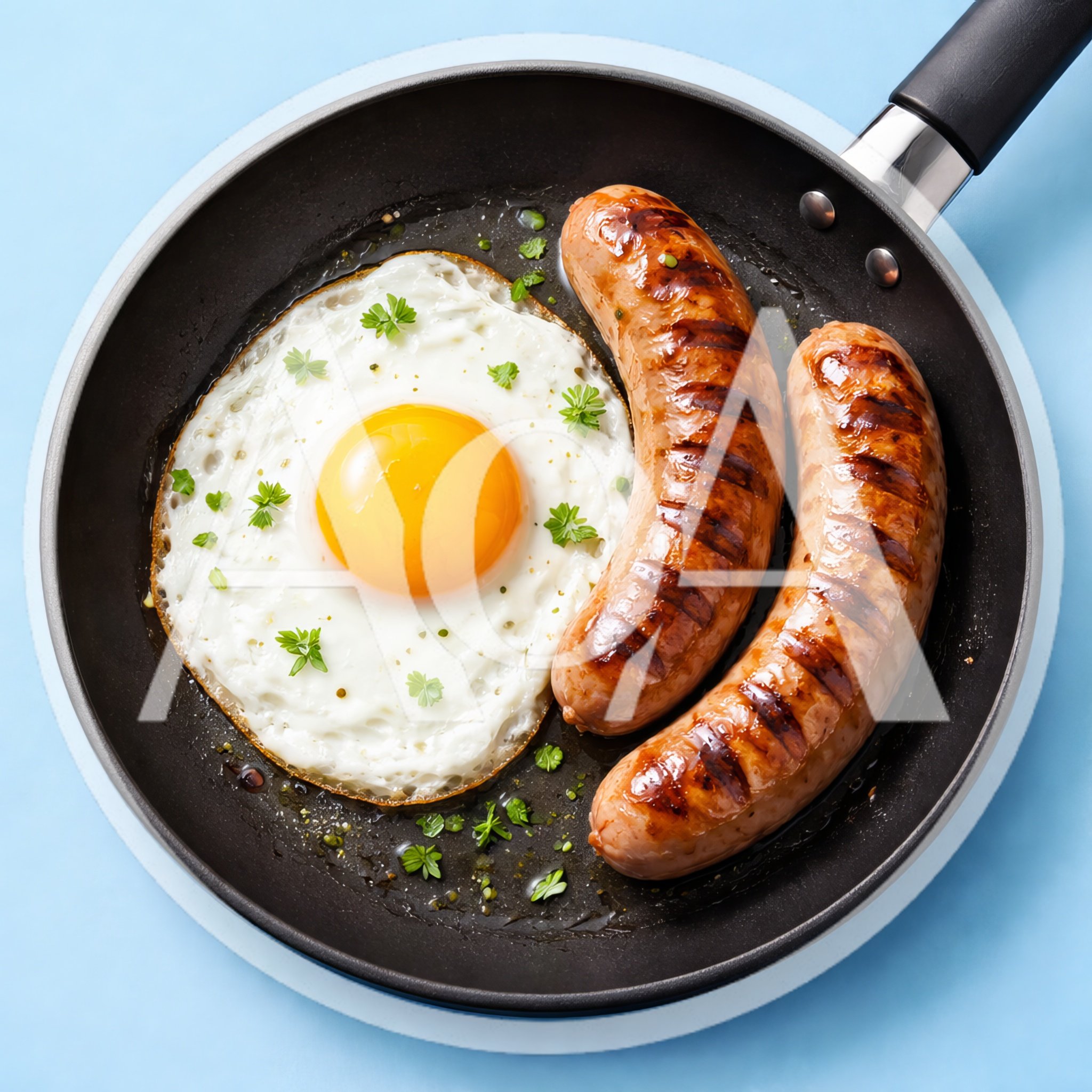 Fried Egg and Grilled Sausages in a Frying Pan