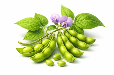 Fresh Edamame Soybeans With Leaves And Flowers