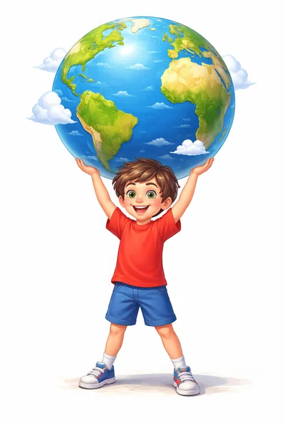 Happy Boy Holding A Large Globe Above His Head