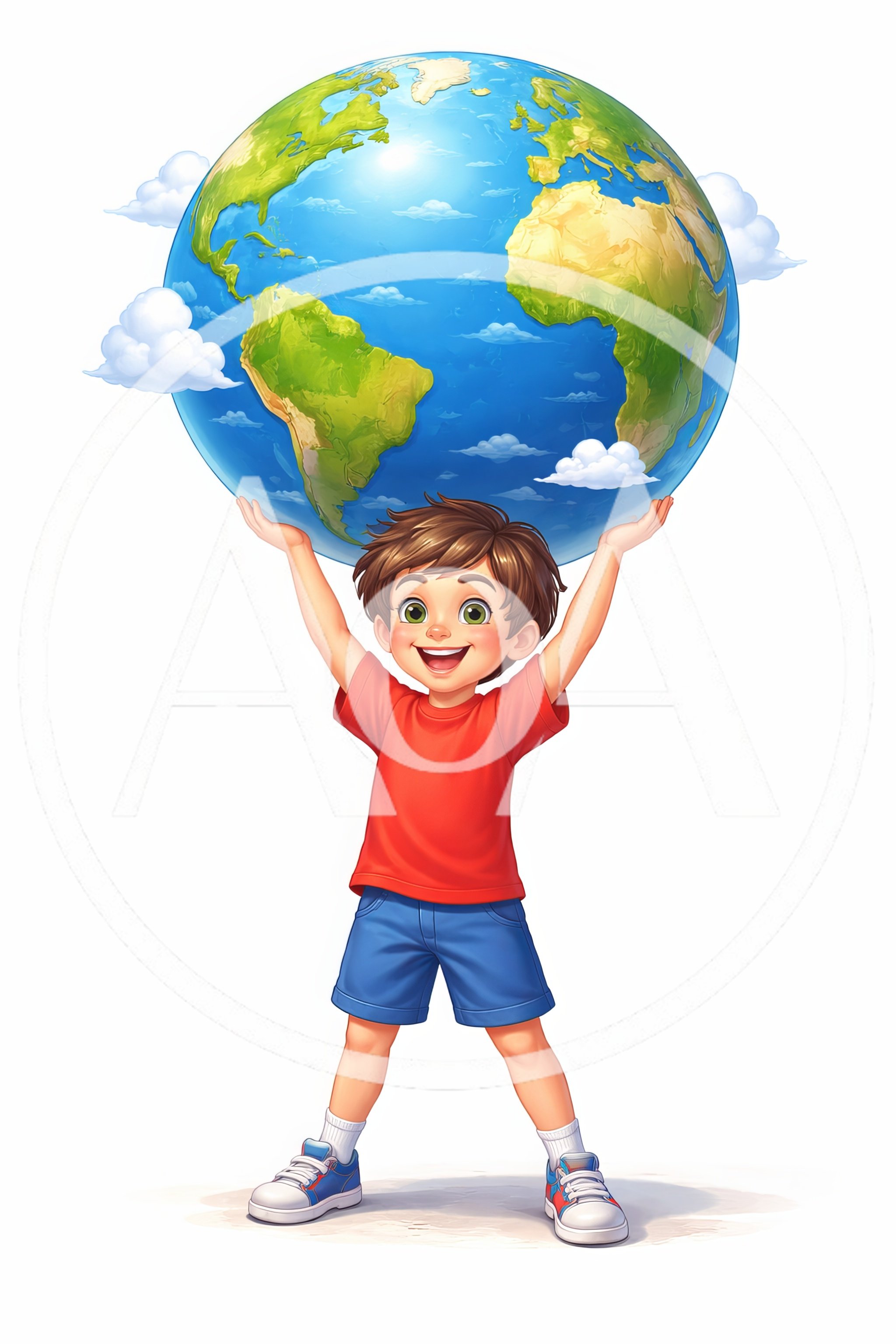 Happy Boy Holding A Large Globe Above His Head