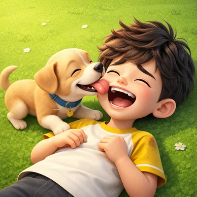 Happy Boy Laughing While Puppy Licks His Face