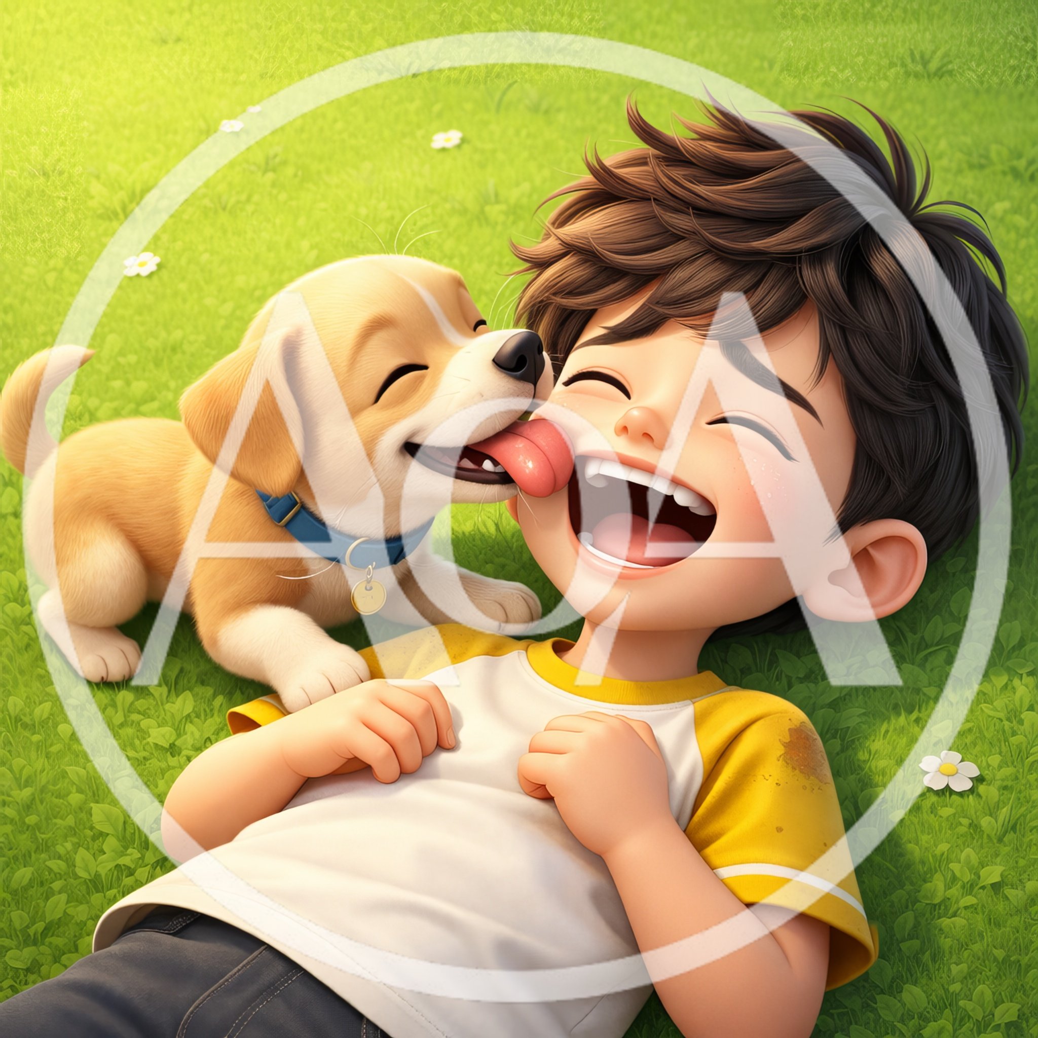Happy Boy Laughing While Puppy Licks His Face