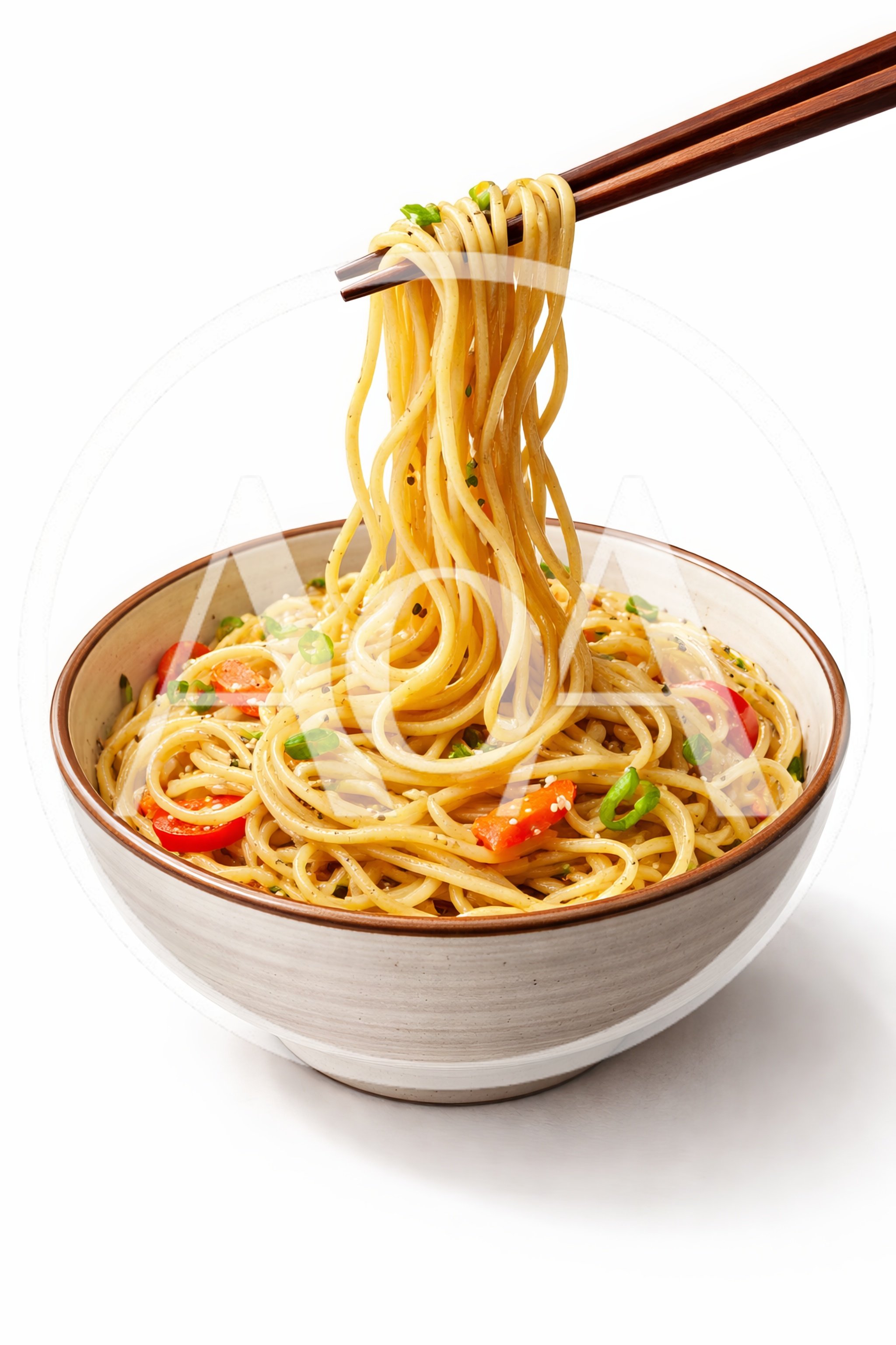 Chopsticks Lifting Fresh Noodles From A Ceramic Bowl