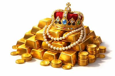 Royal Crown And Pearl Necklace On Gold Bullion Pile