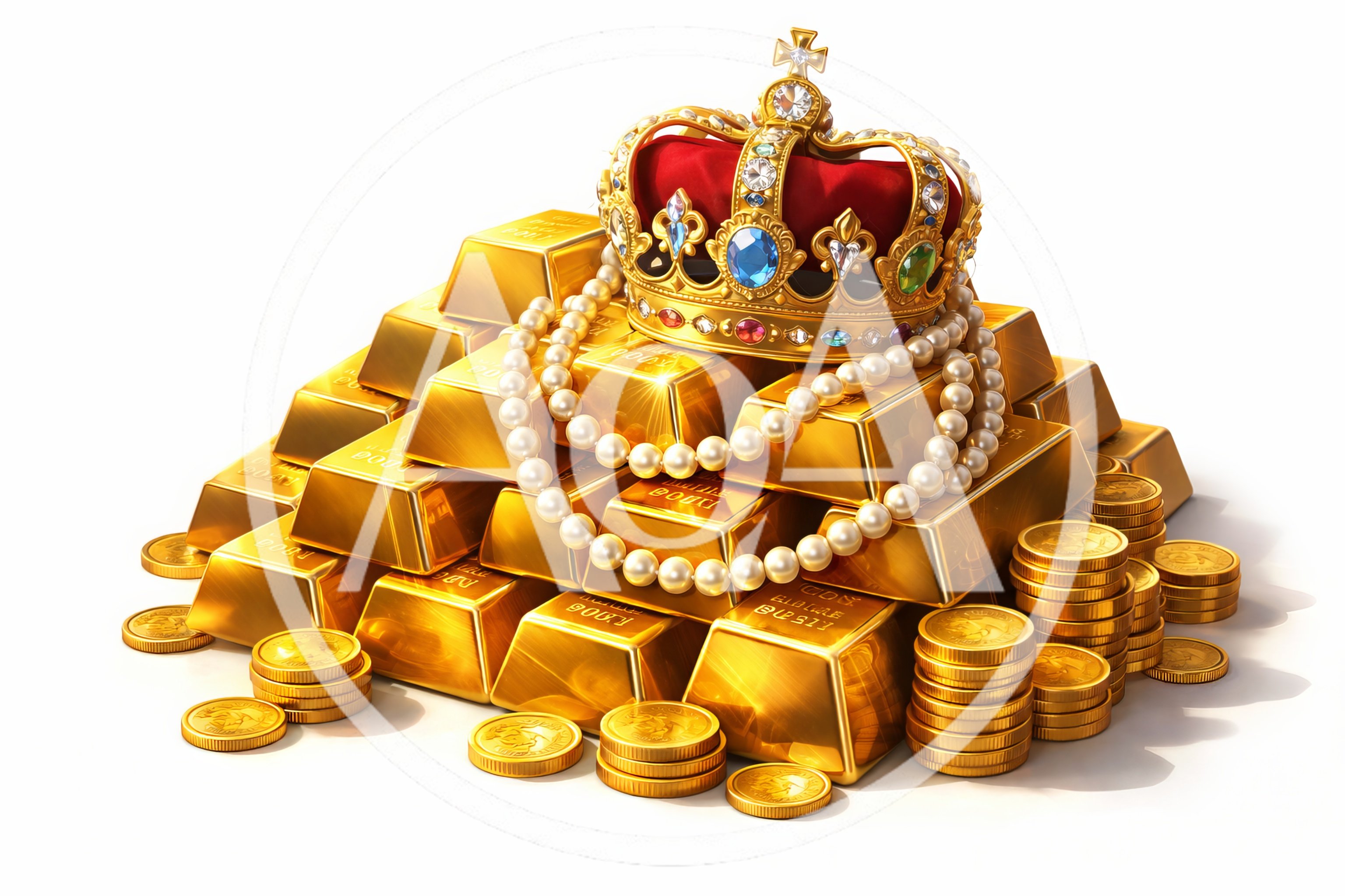 Royal Crown And Pearl Necklace On Gold Bullion Pile