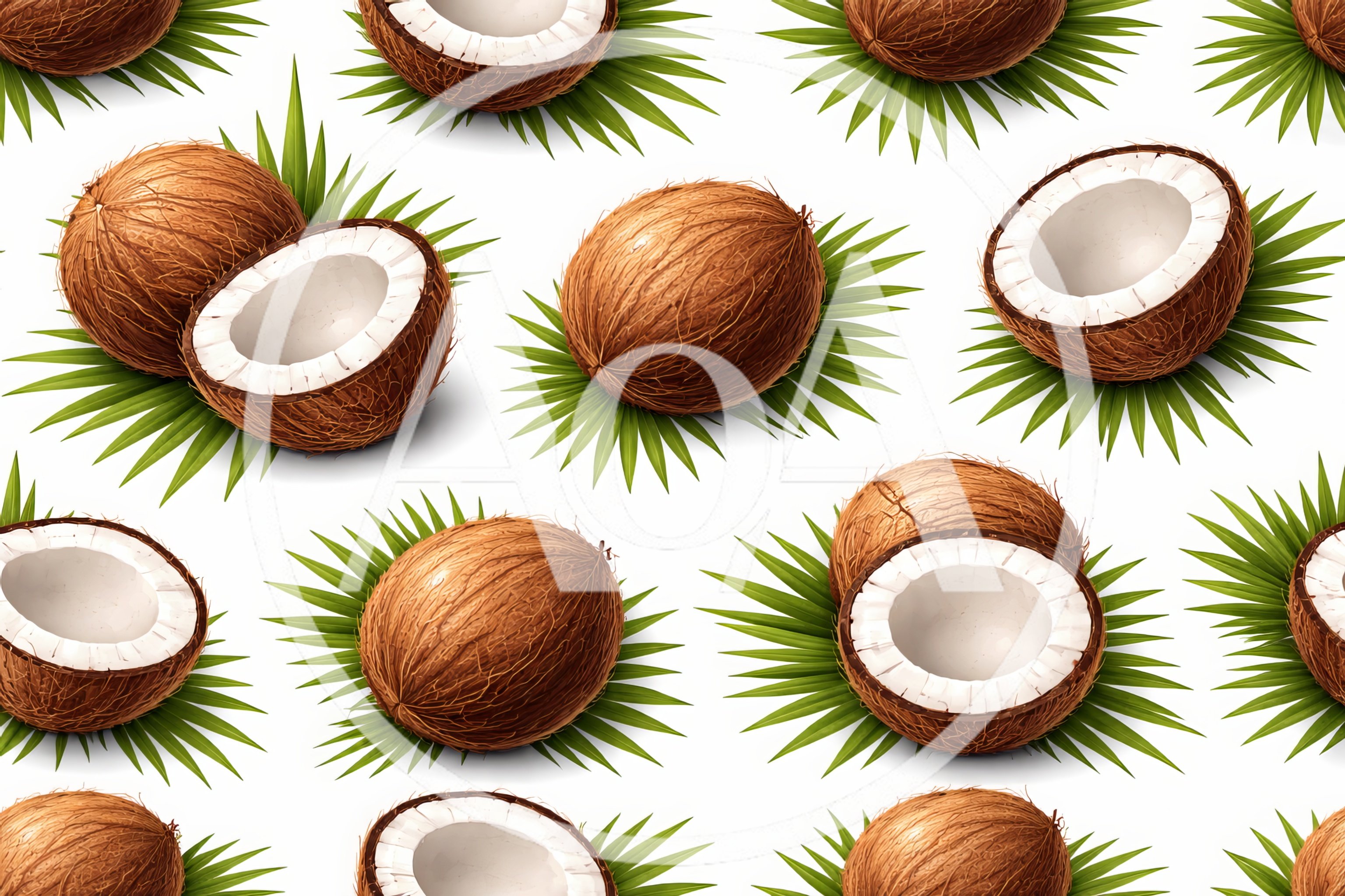 Seamless Pattern of Tropical Coconuts and Palm Leaves