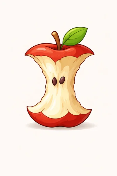 Eaten Red Apple Core With Leaf Illustration