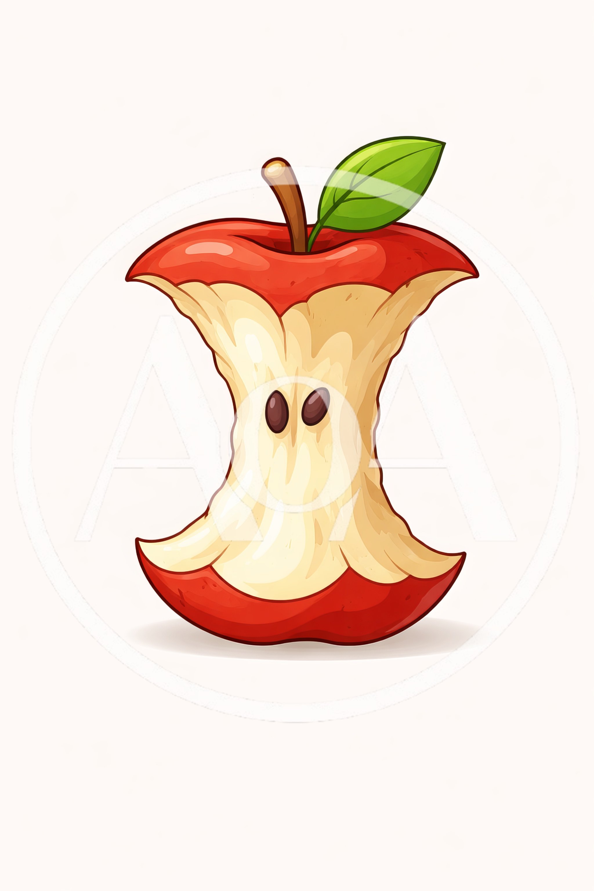 Eaten Red Apple Core With Leaf Illustration