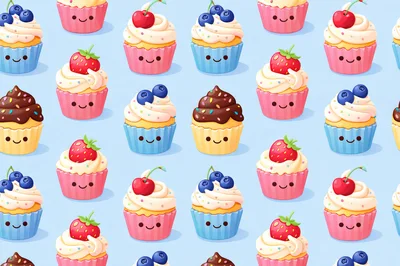 Seamless Pattern Of Cute Cartoon Cupcakes