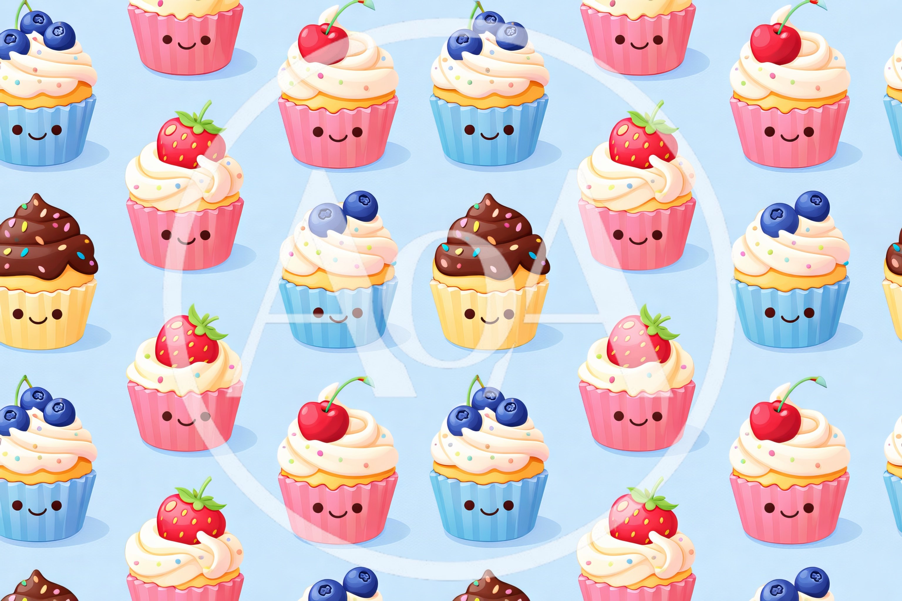 Seamless Pattern Of Cute Cartoon Cupcakes