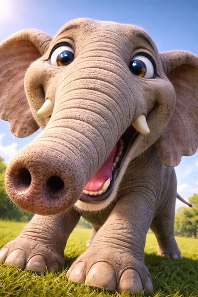 Cheerful Cartoon Elephant Standing In A Sunny Meadow