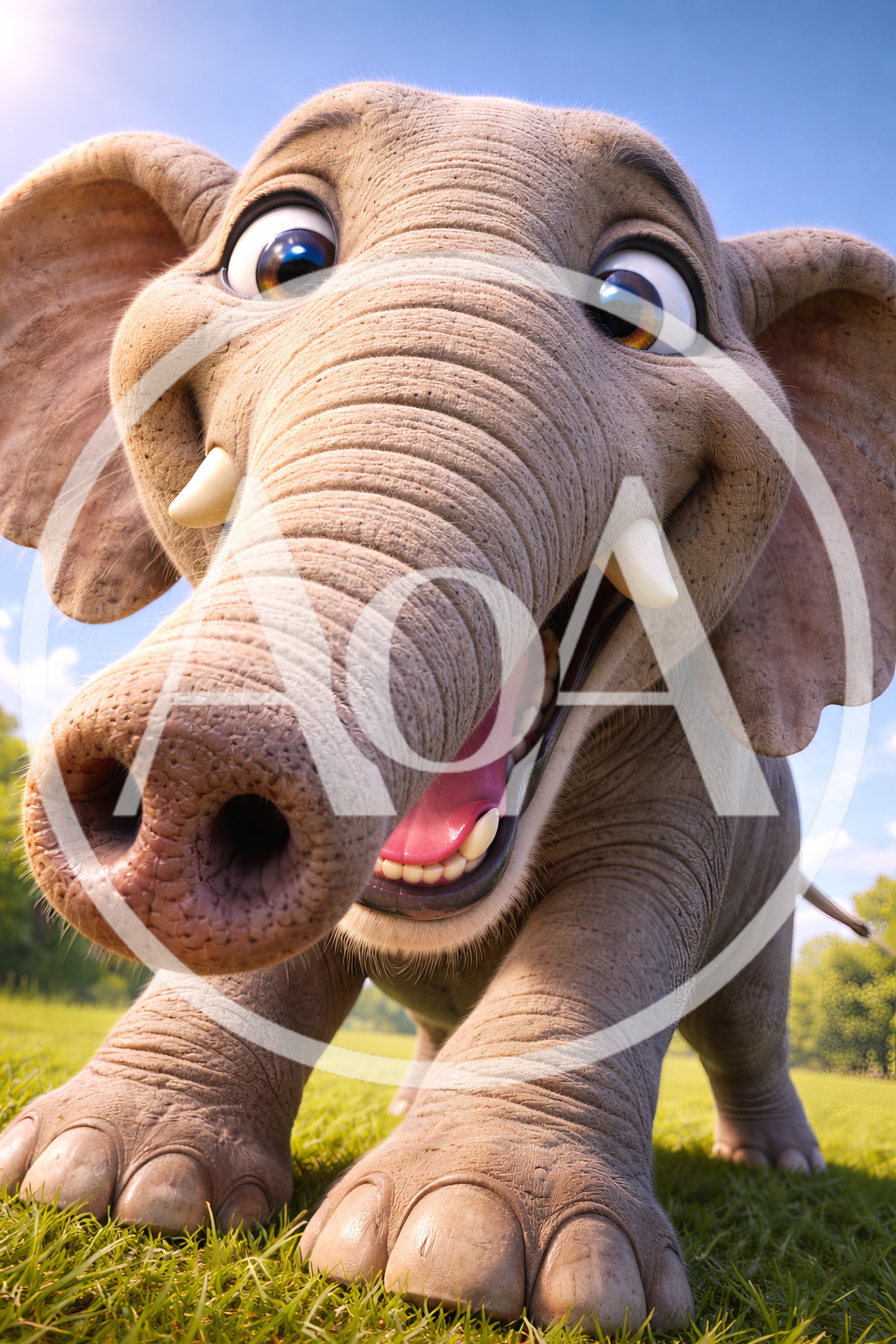 Cheerful Cartoon Elephant Standing In A Sunny Meadow