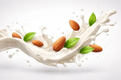 Almonds and Green Leaves Splashing in Almond Milk