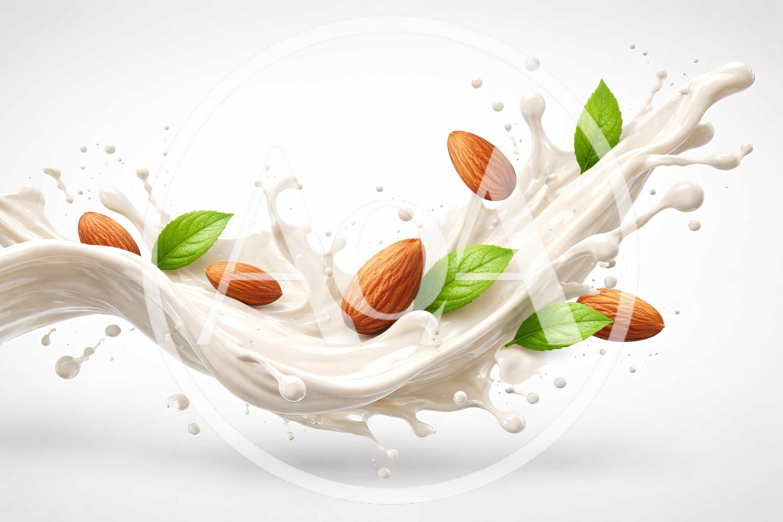 Almonds and Green Leaves Splashing in Almond Milk