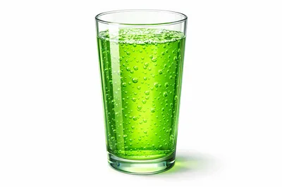 Glass Of Sparkling Green Soda On White Background