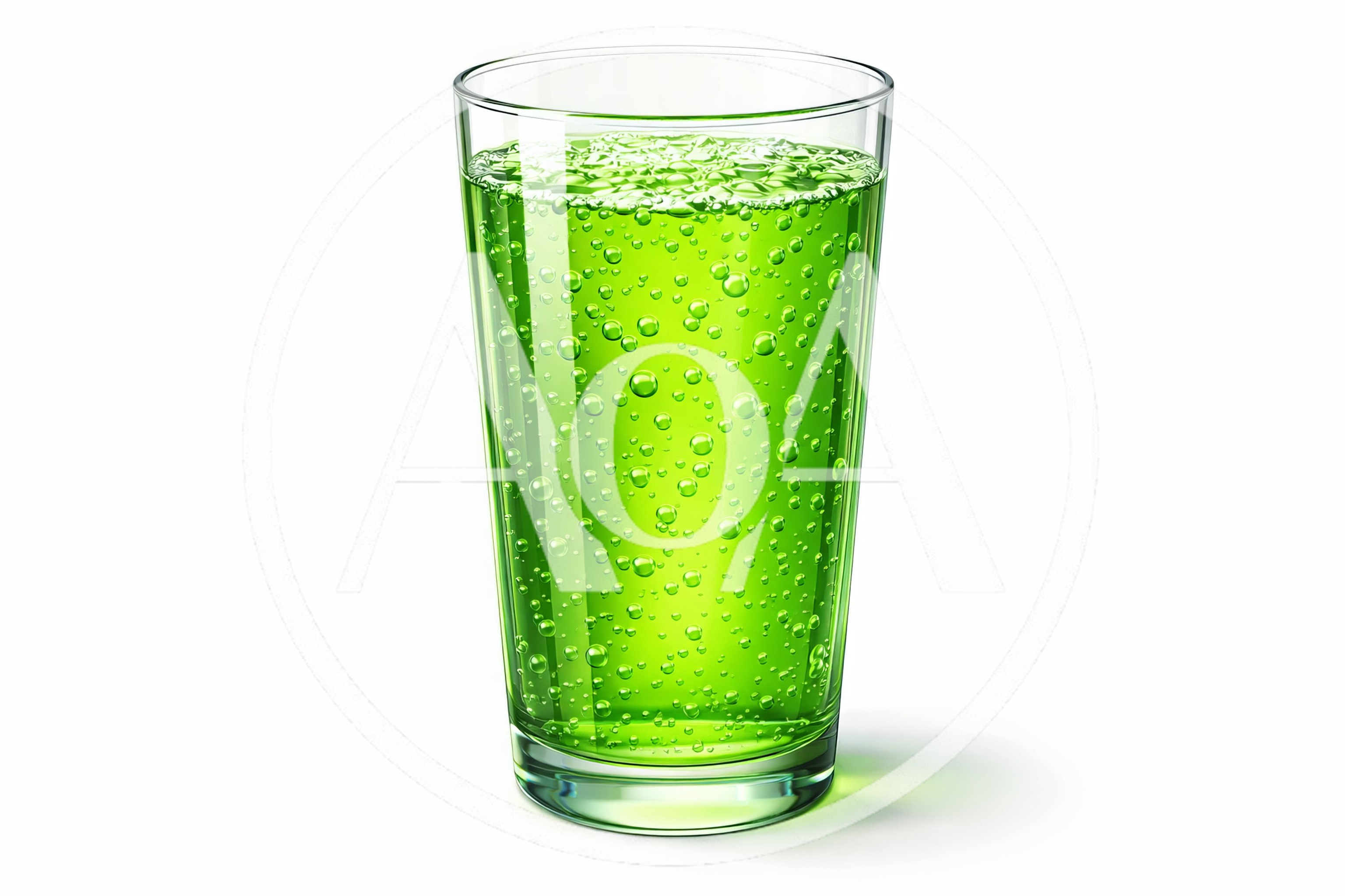 Glass Of Sparkling Green Soda On White Background