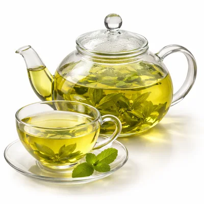 Glass Teapot And Cup With Fresh Mint Tea