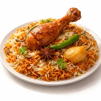 Chicken Biryani With Drumstick And Spices On Plate