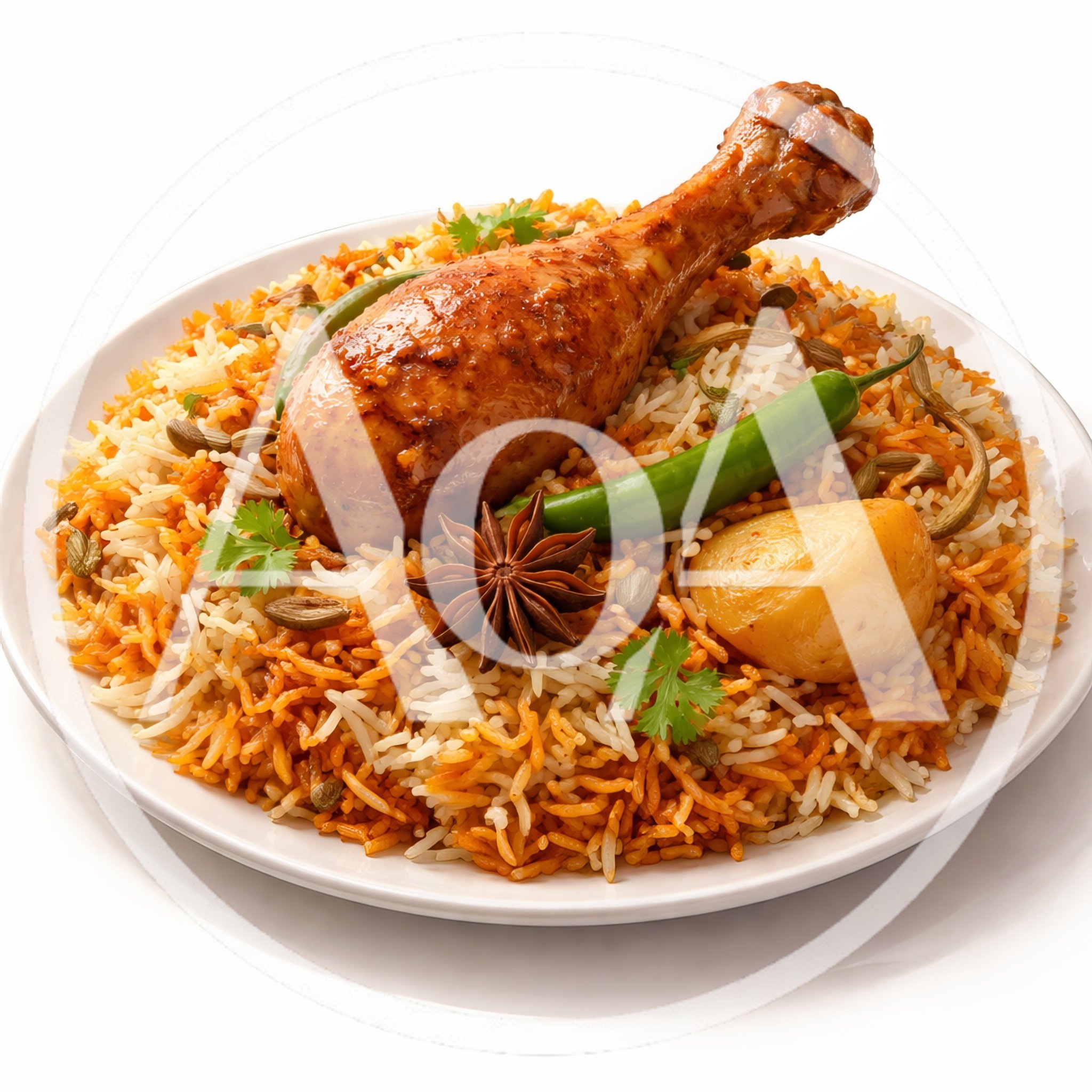 Chicken Biryani With Drumstick And Spices On Plate