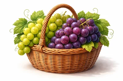 Wicker Basket Filled With Fresh Green And Purple Grapes