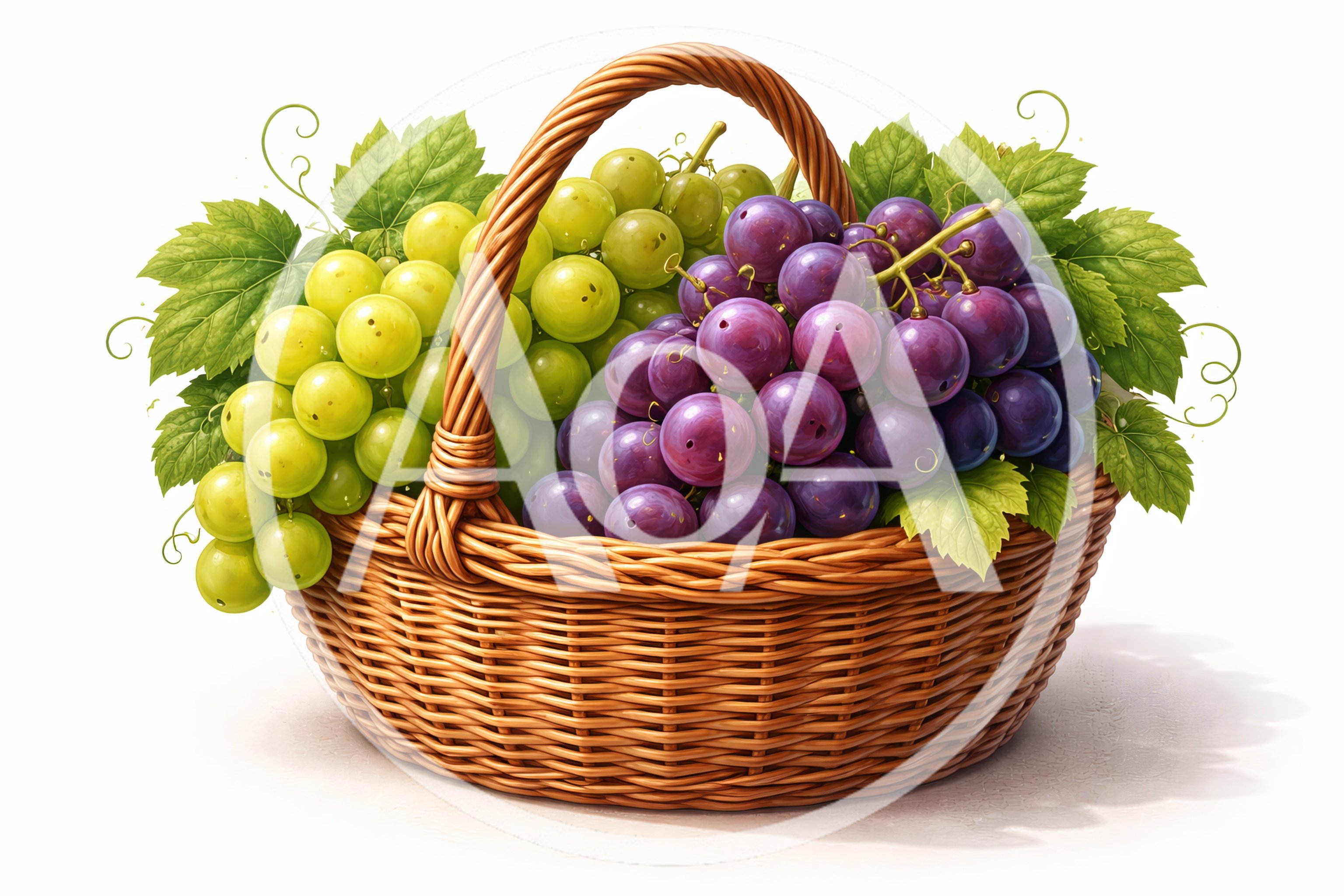 Wicker Basket Filled With Fresh Green And Purple Grapes