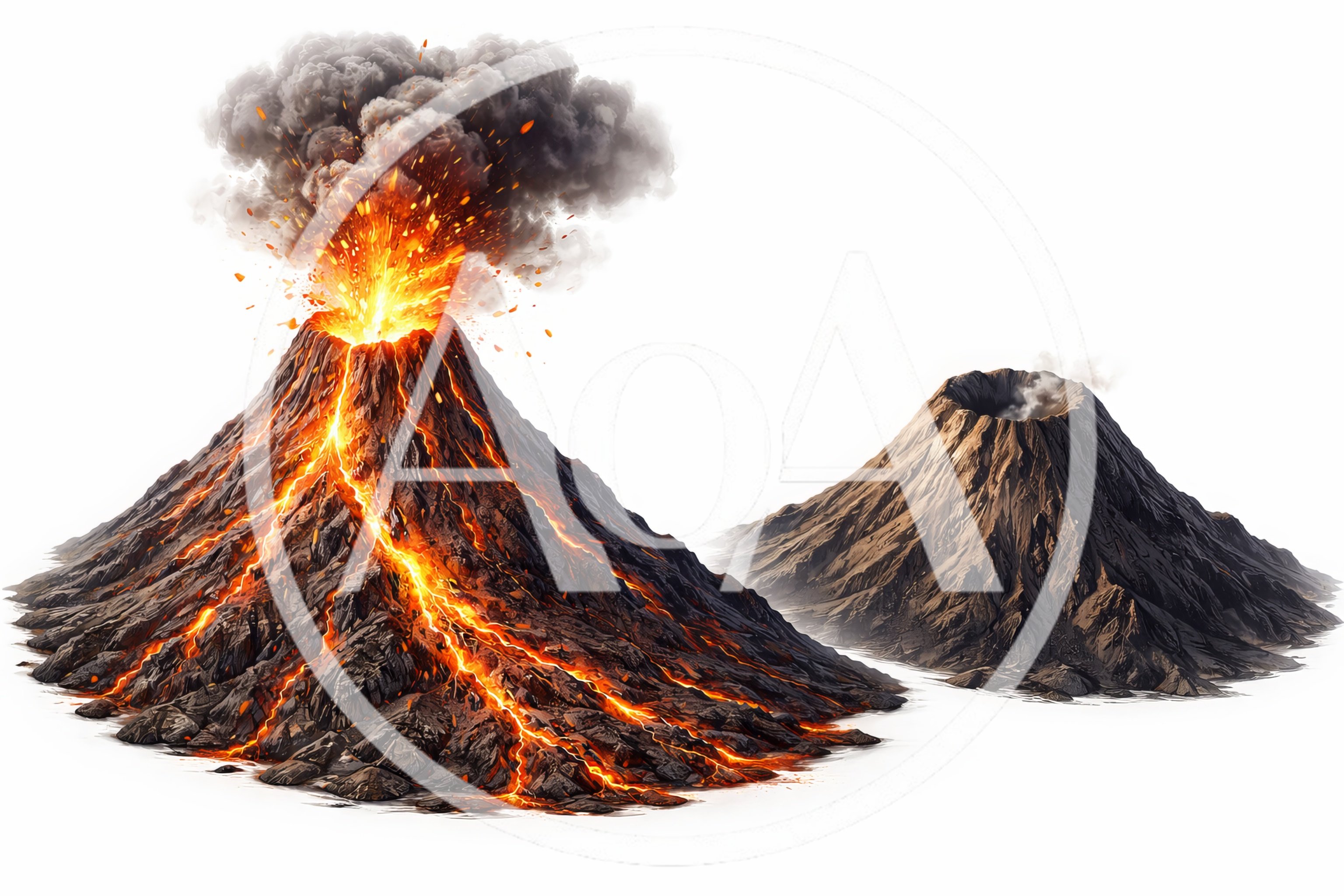 Erupting Volcano Beside A Dormant Volcanic Mountain