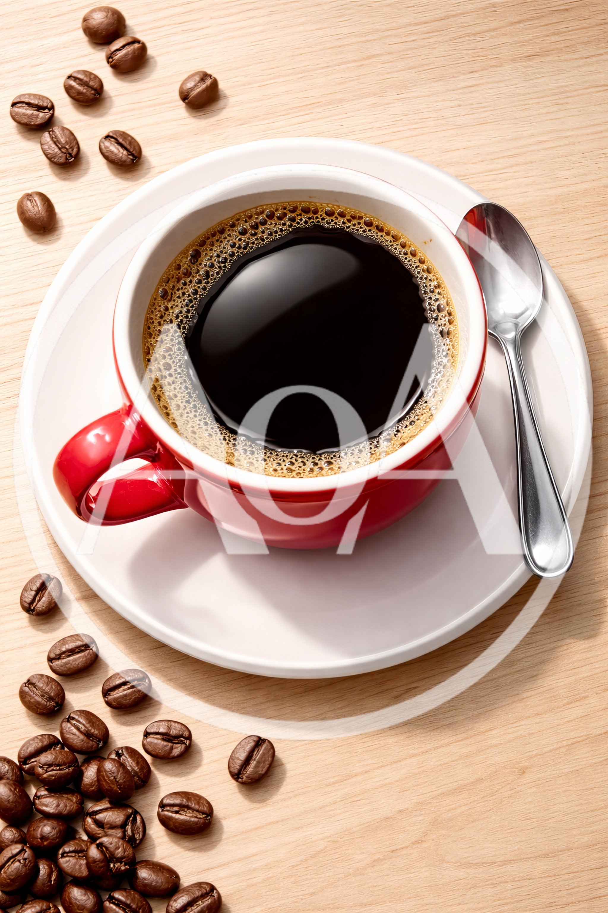 Red Coffee Cup With Coffee Beans On Wooden Table