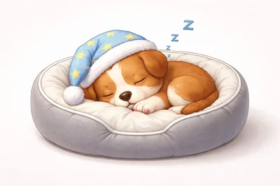 Cute Puppy Sleeping In A Bed With Nightcap