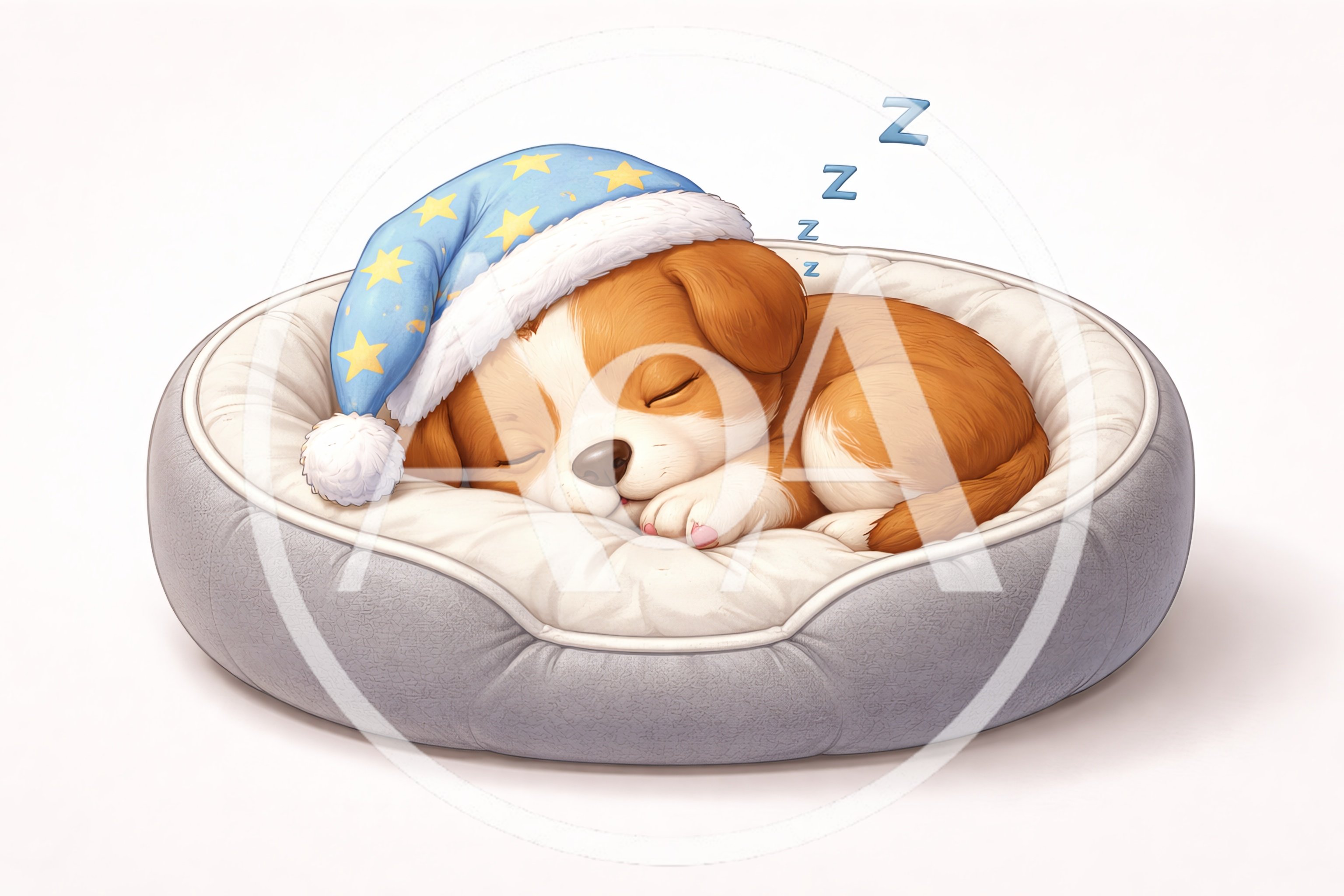 Cute Puppy Sleeping In A Bed With Nightcap