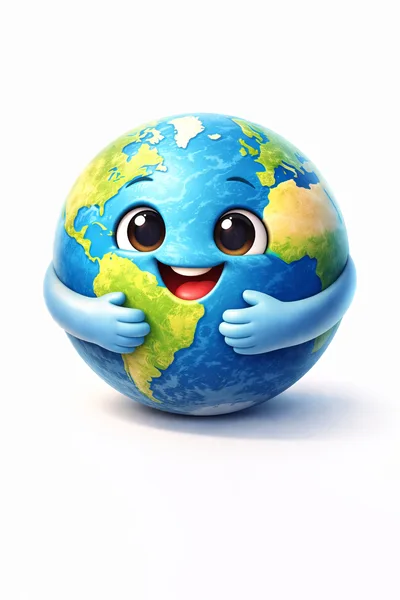 Cute Cartoon Earth Character Hugging Itself